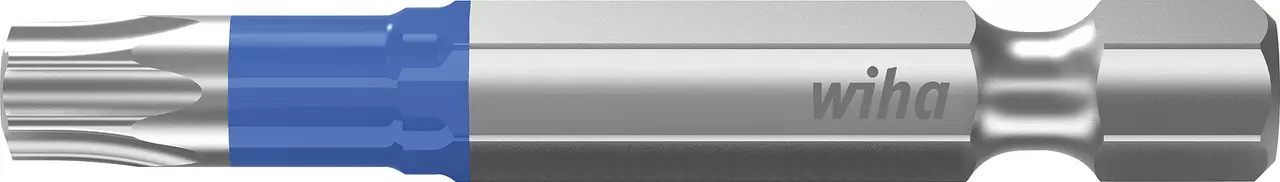 Torx bit with blue ring and gray metal body, marked "wiha".