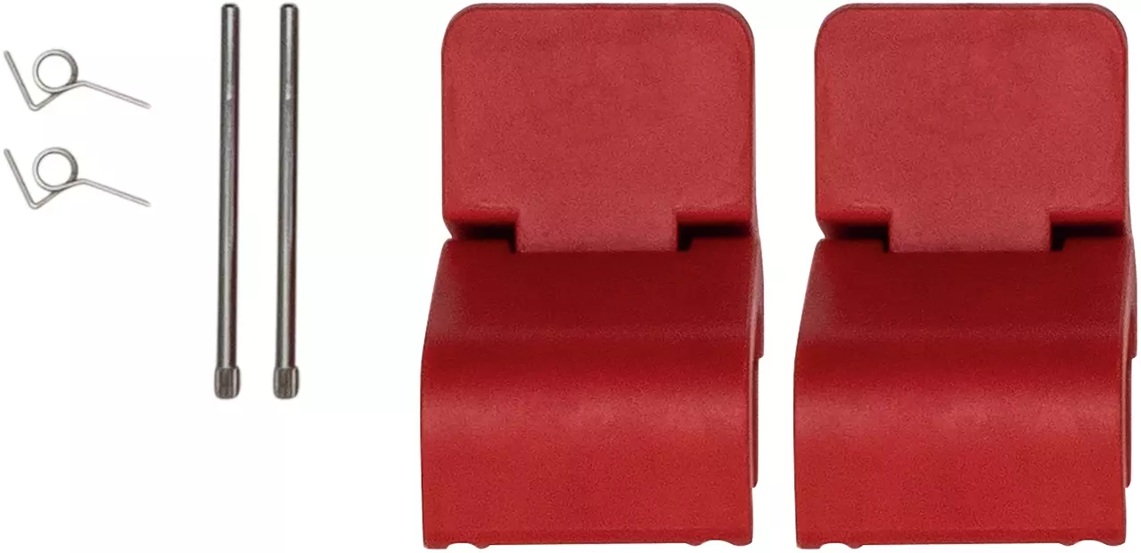 Red plastic latches with metal pins and clips, arranged on a white background.