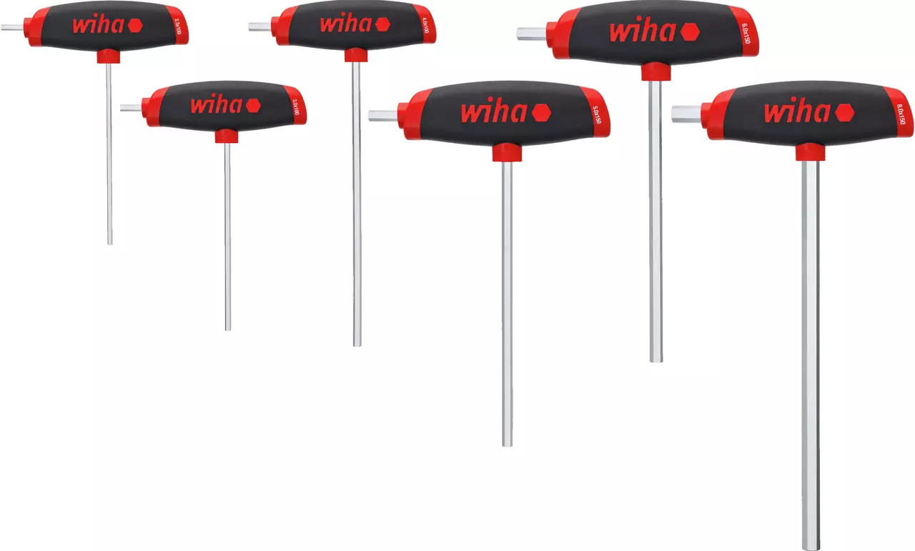 A set of six L-keys with red and black handles, featuring chrome shafts.