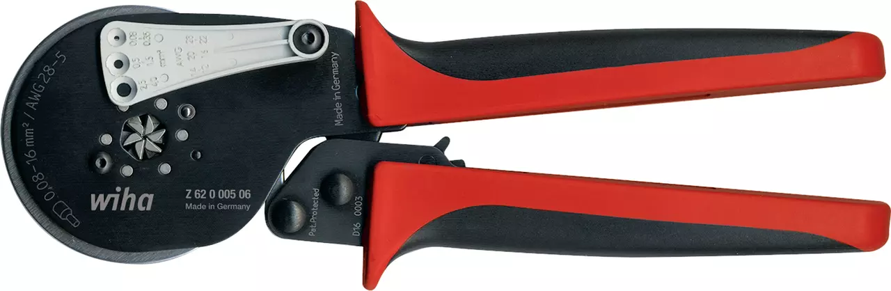 Automatic crimping pliers with red and black handles on a white background.