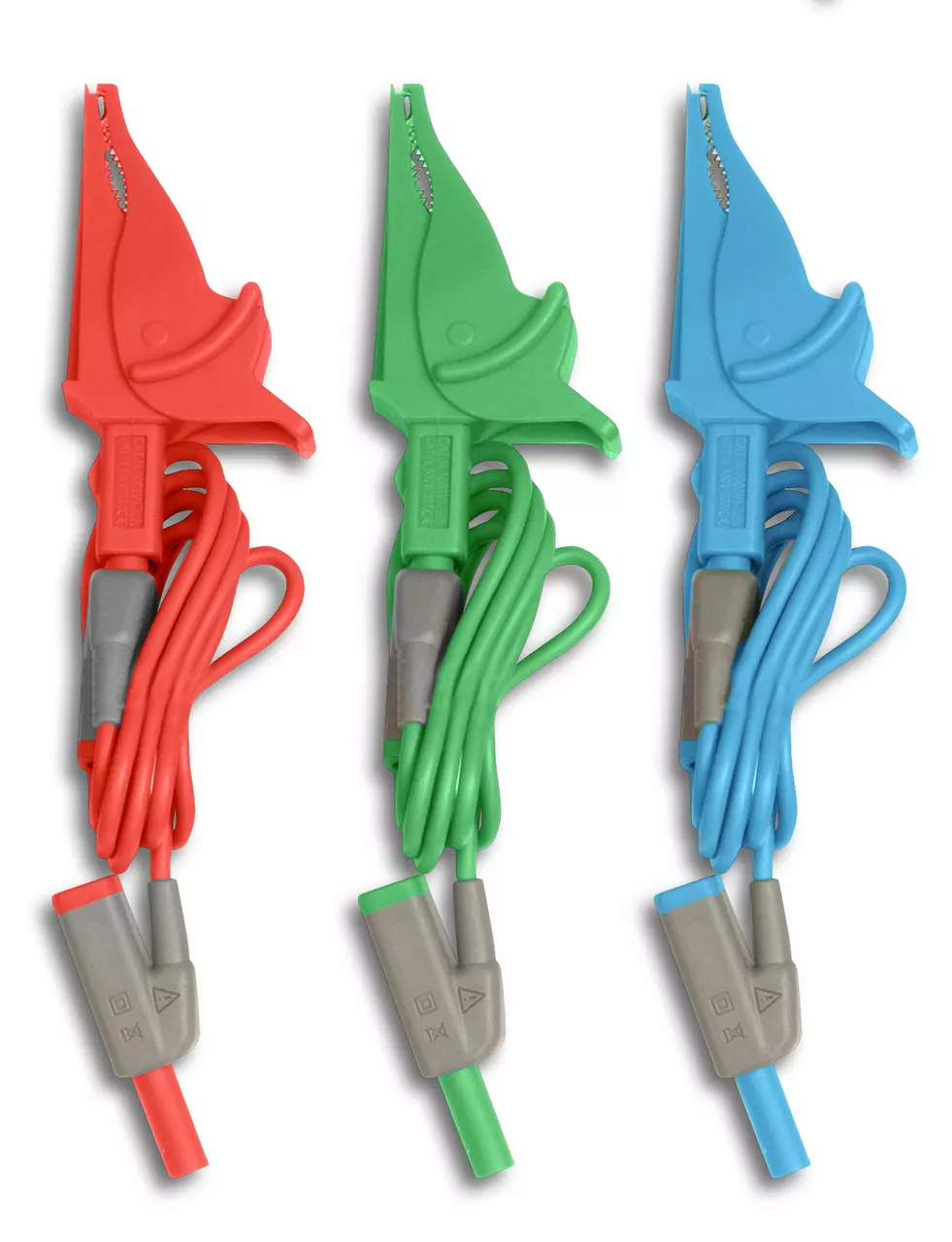 Three crocodile clips in red, green, and blue with attached cables.