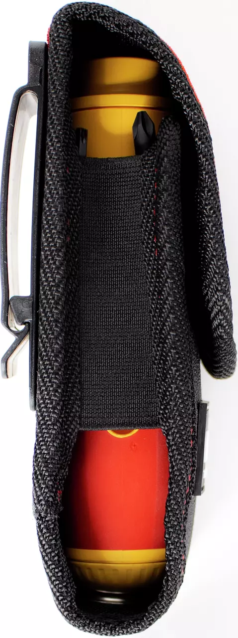 Black belt pouch with a yellow and red electric screwdriver visible inside.