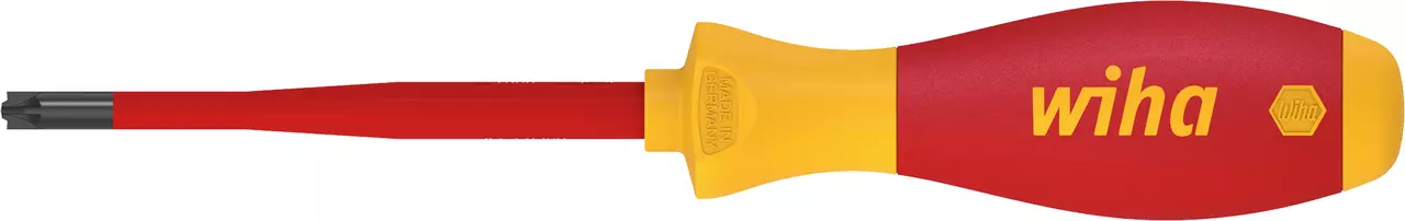 Red and yellow insulated screwdriver with a flat and cross tip.