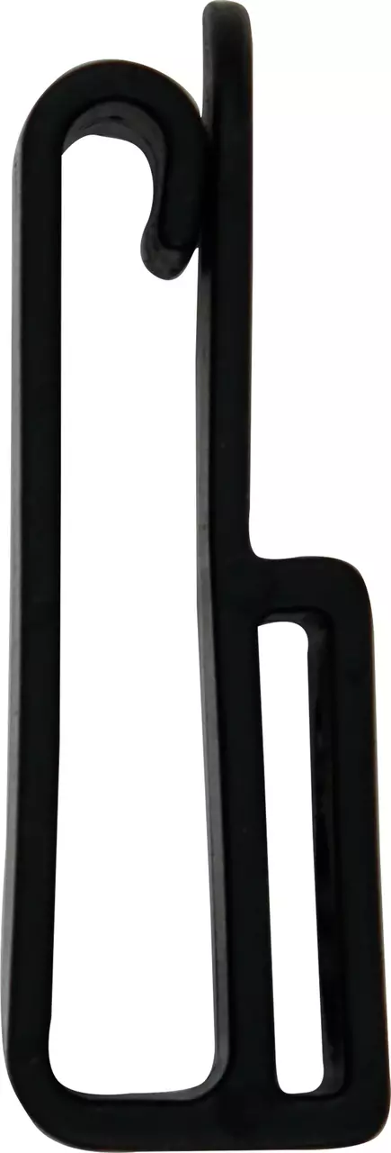 Zwarte plastic clip, zijaanzicht, gebogen bovenkant, rechthoekig onderste deel.