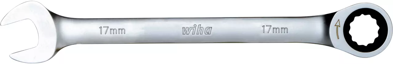 Combination ratchet wrench, 17mm, with open and ring ends.