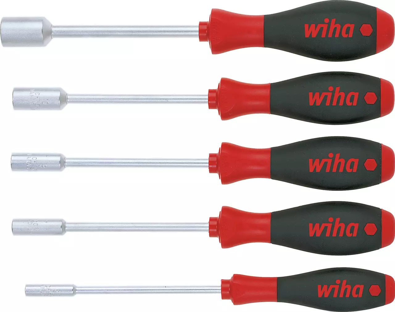 Set of five socket wrenches with red and black handles