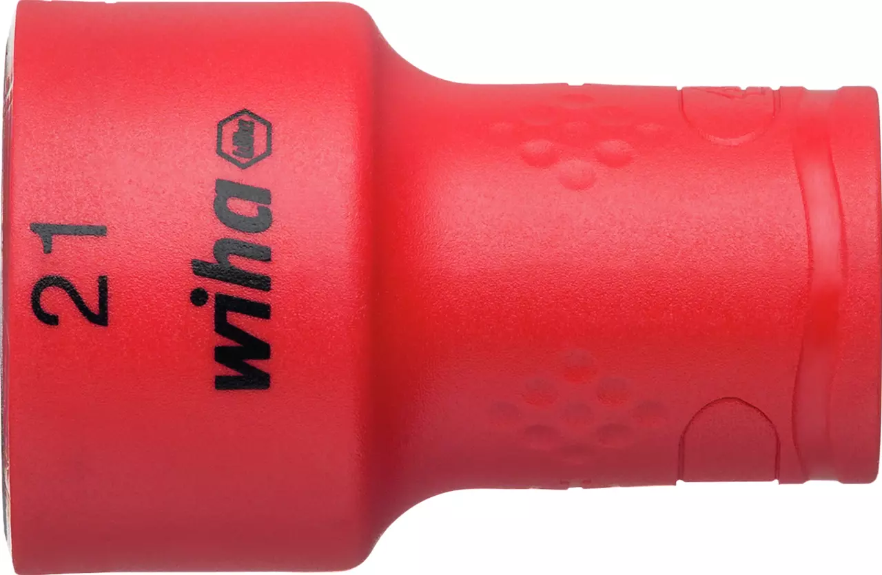 Red insulated socket with black text and hexagonal logo.