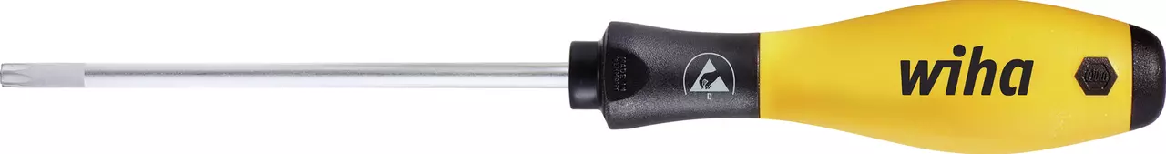 Yellow and black Torx screwdriver with ergonomic handle and metal shaft.
