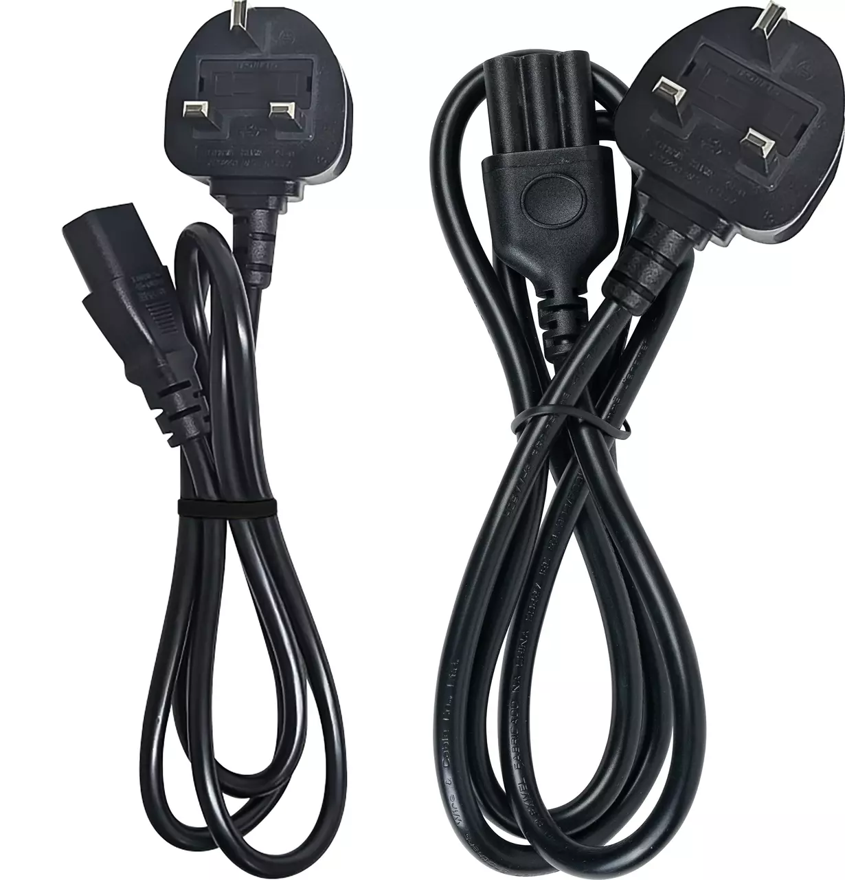Black UK power cables with three-pin plugs and IEC connectors.
