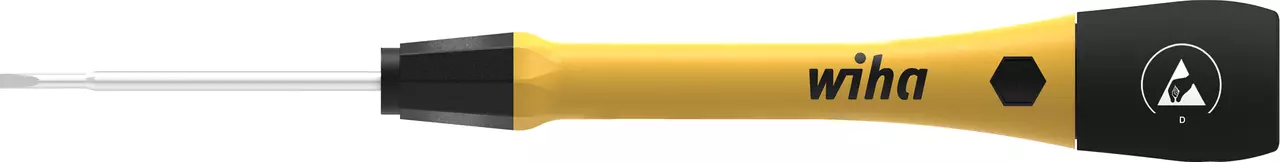 Precision screwdriver with yellow handle and black accents, used for electronic components.