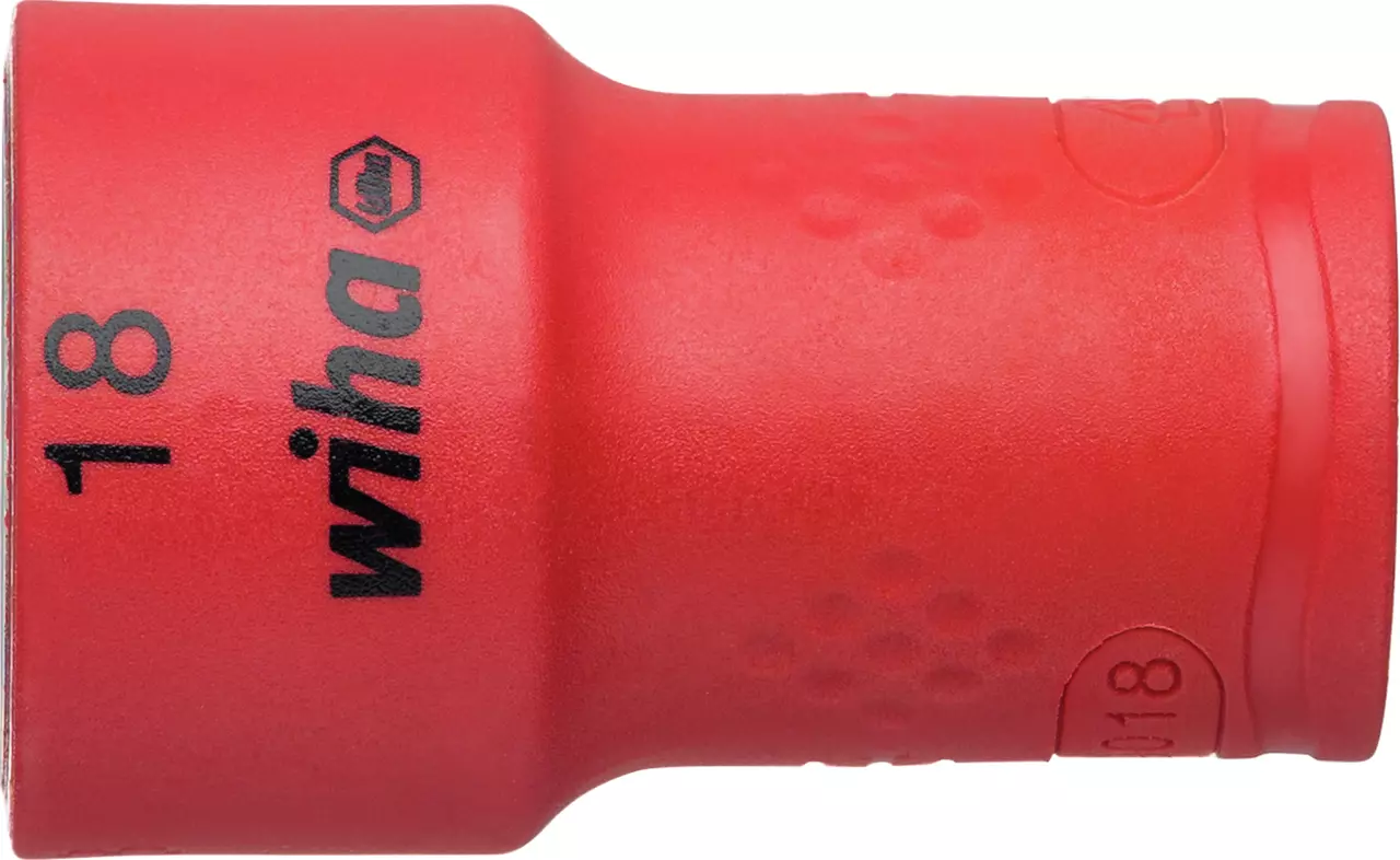 Red insulated socket with black text "wiha" and number "18"