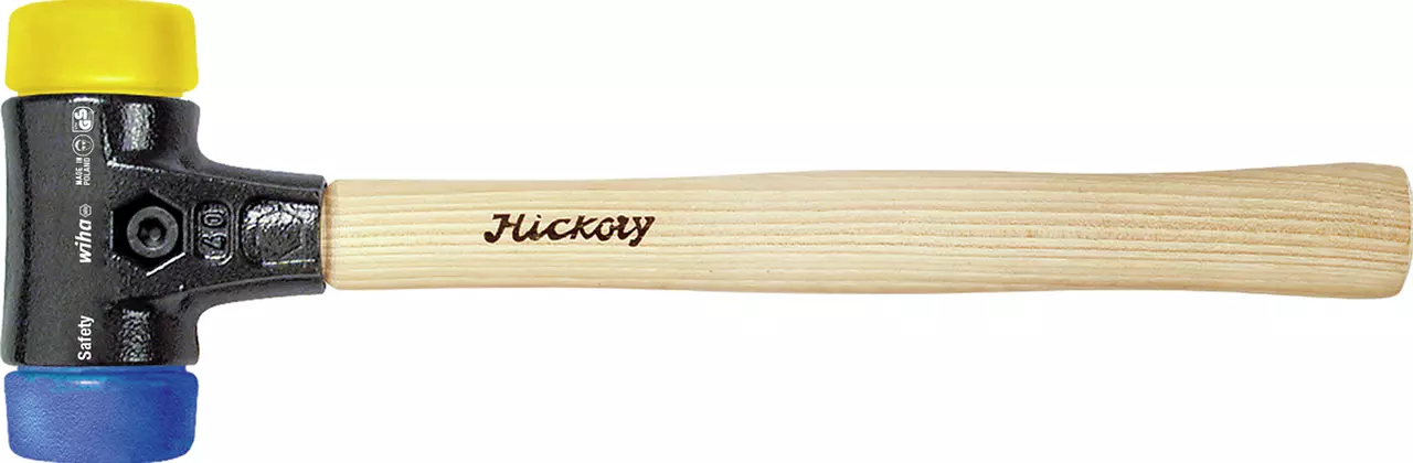 Rubber mallet with wooden handle, yellow and blue striking faces