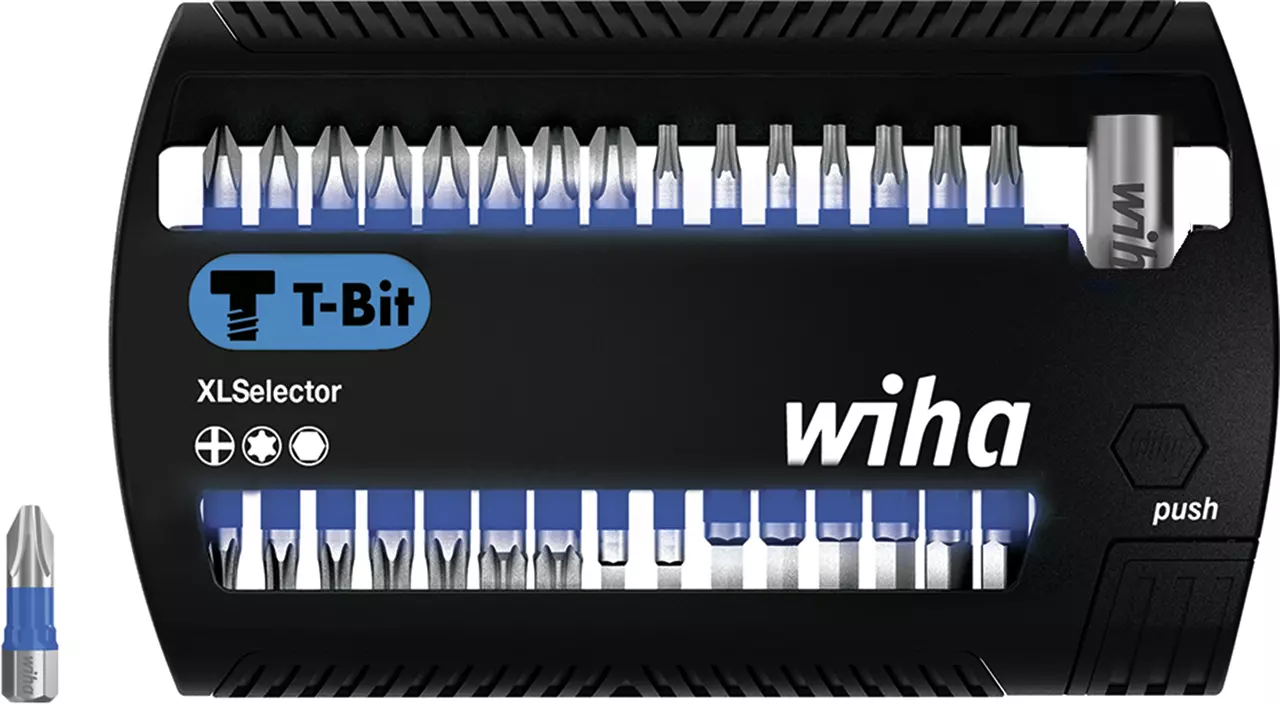 Bit set with multiple metal bits in a black case, labeled "T-Bit" and "wiha".