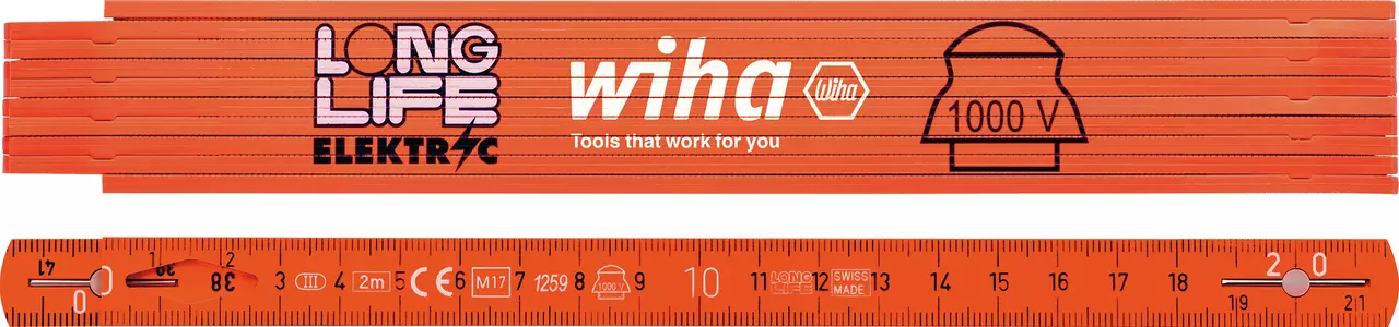 Orange folding ruler with markings and electrical insulation symbol.