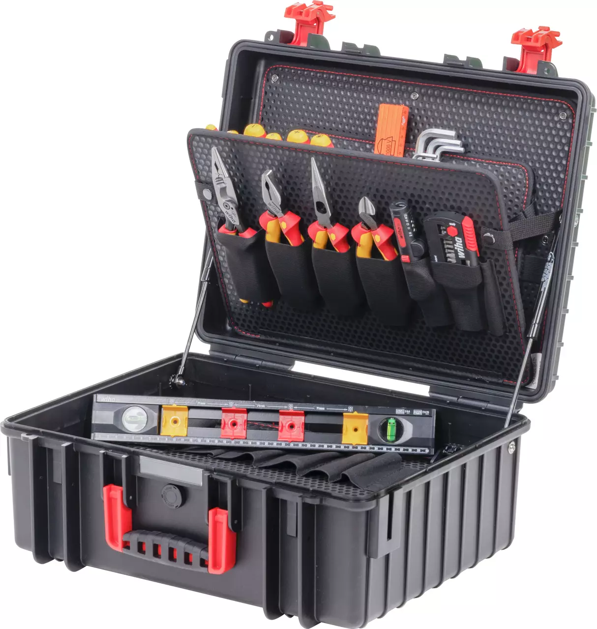 Open black toolbox with assorted hand tools inside, including pliers and screwdrivers.