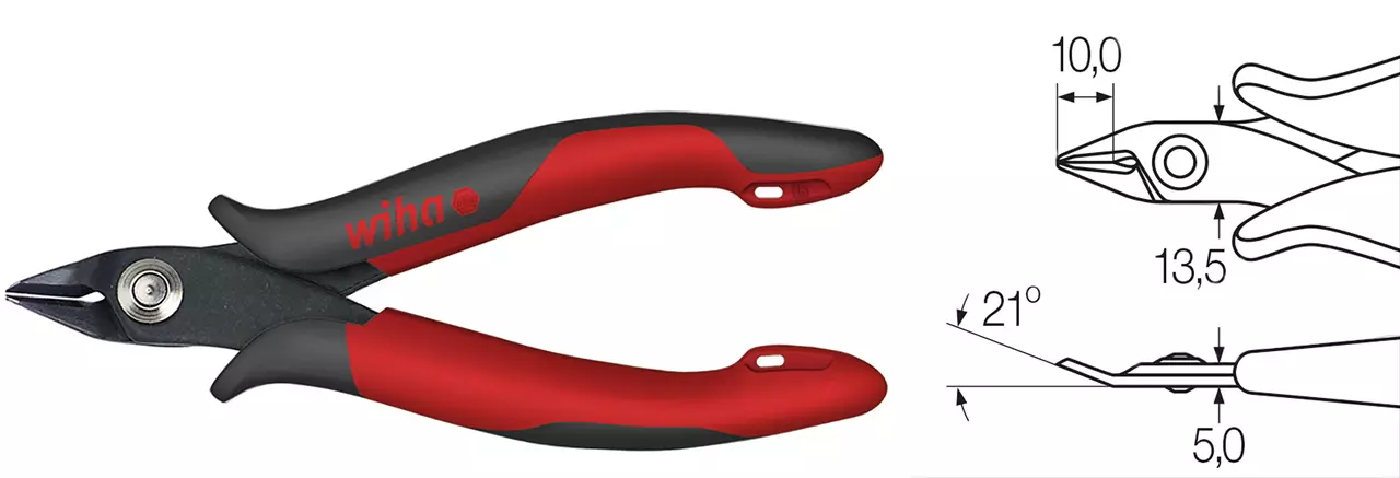 Red and black electronic side cutter with technical drawing showing dimensions.