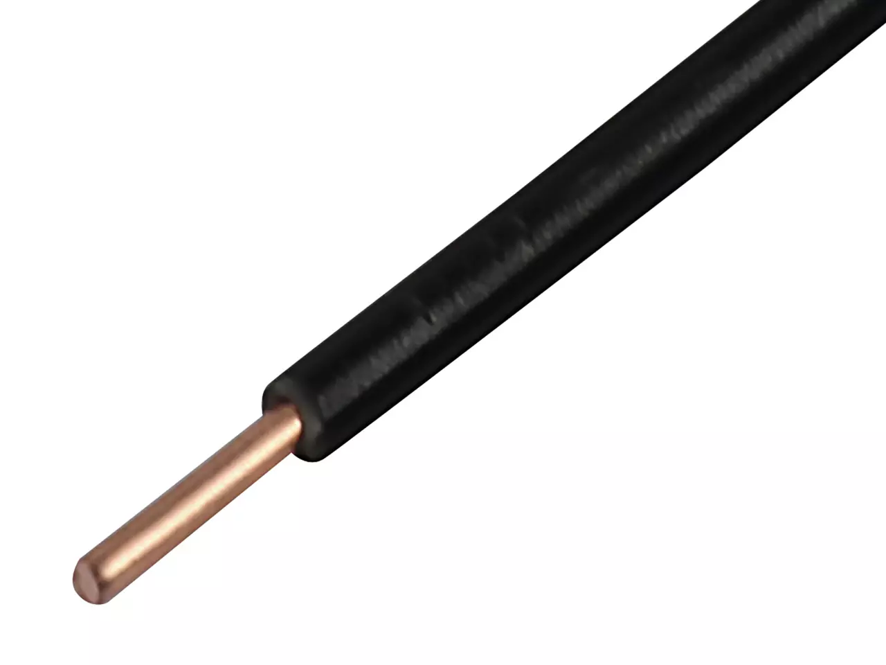 A stripped electrical wire with black insulation and exposed copper