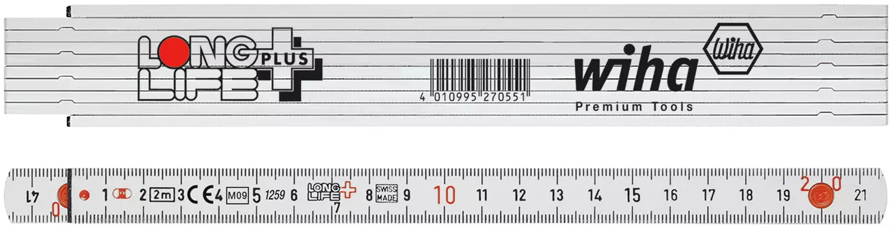 Folding ruler with measurement markings and product branding.