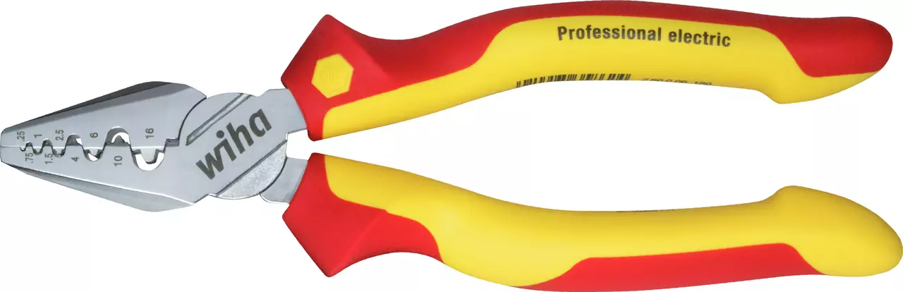 Crimping pliers with red and yellow insulated handles, labeled "Professional electric."