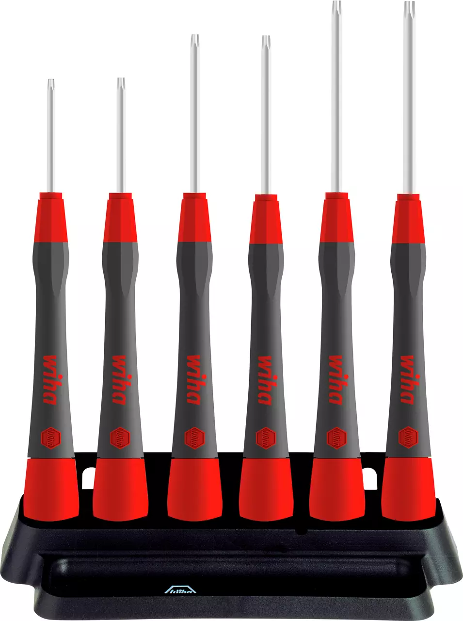 Set of six precision screwdrivers with red and black handles in a holder.