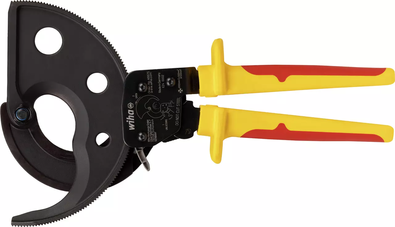 Insulated cable cutter with yellow and red handles, black cutting head