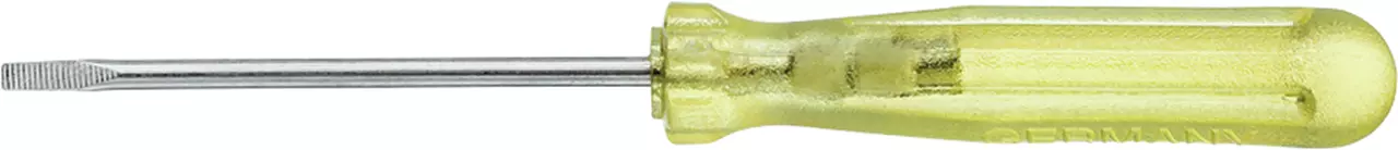 Small slotted screwdriver with a yellow plastic handle.