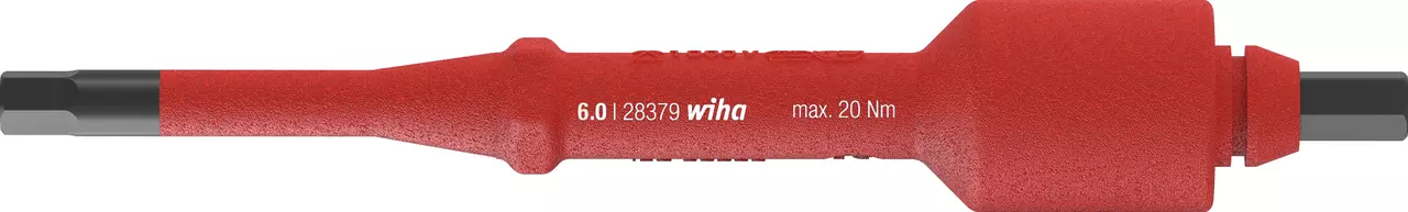 Red insulated screwdriver bit with black tip, labeled "6.0", "28379", "wiha", and "max. 20 Nm".