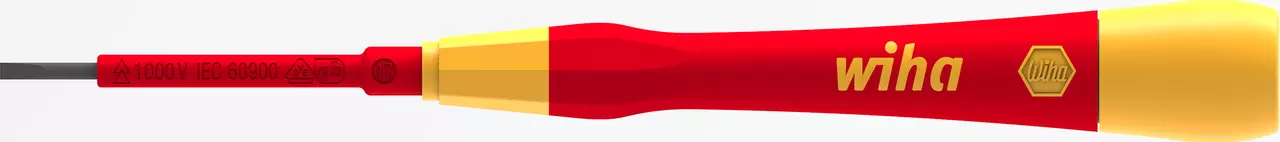 Electric fine screwdriver with red and yellow handle and insulation markings.