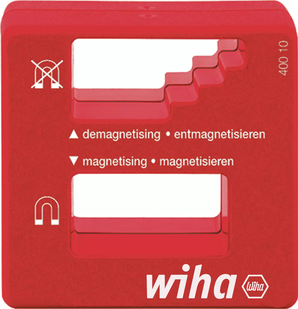 Red magnetizer/demagnetizer tool with grooves and white text