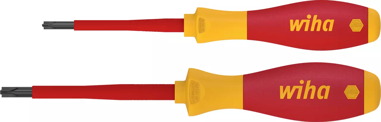 Two insulated screwdrivers with red and yellow handles, shown side by side.