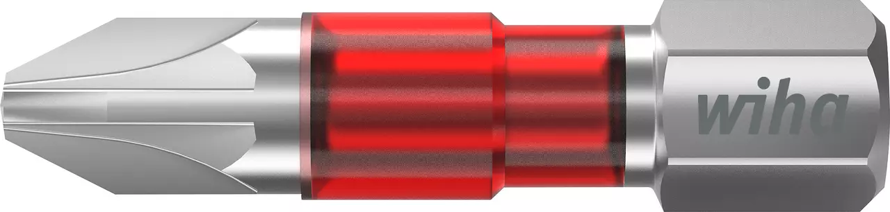 Phillips screwdriver bit with a red metallic band, silver tip, and hexagonal base.