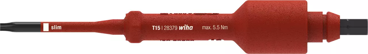 Červená izolovaná výměnná čepel Torx T15 s černým hrotem.