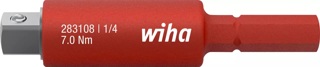 Red adapter with hexagonal and square ends, labeled with specifications
