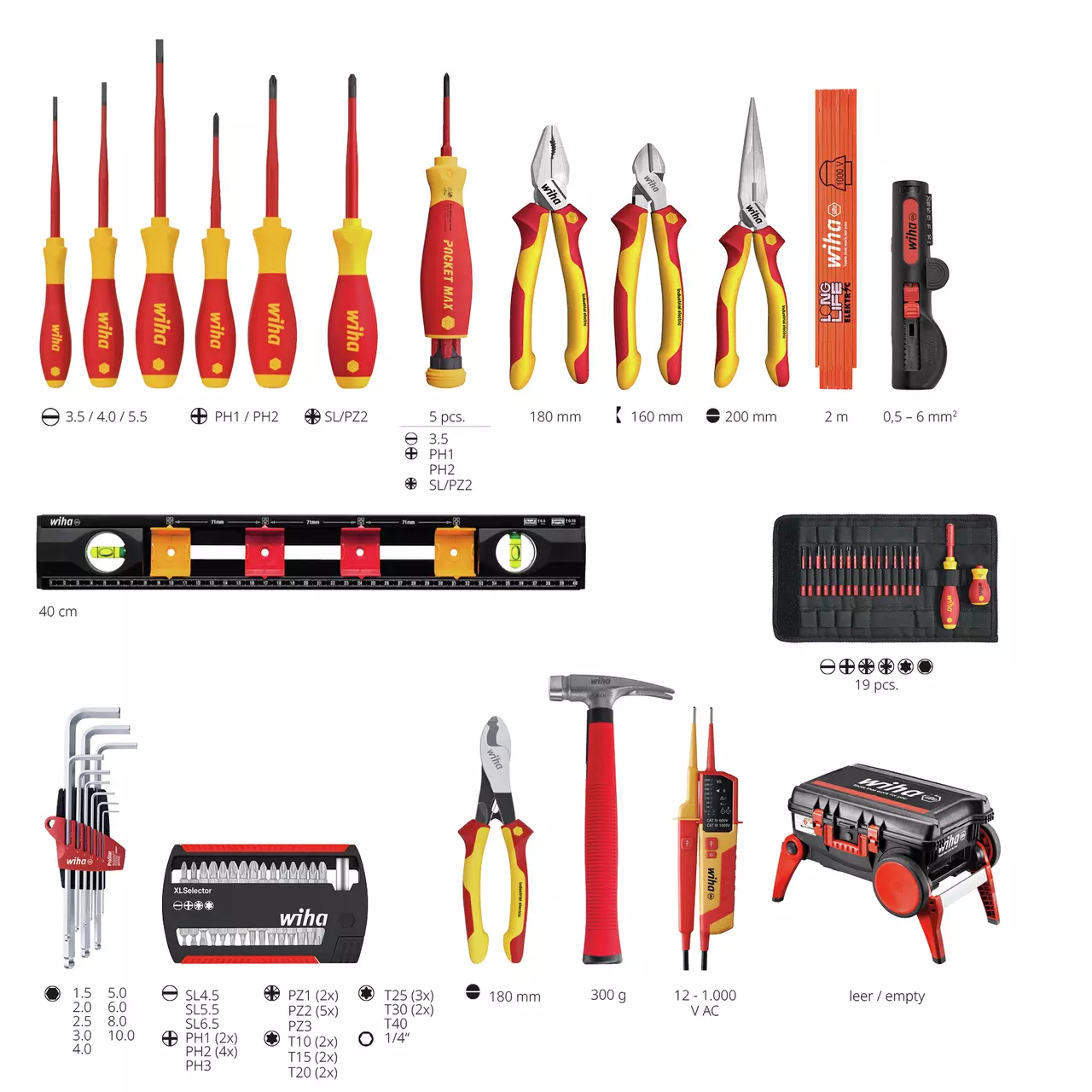 A set of insulated tools including screwdrivers, pliers, a level, and a hammer, in a toolbox.