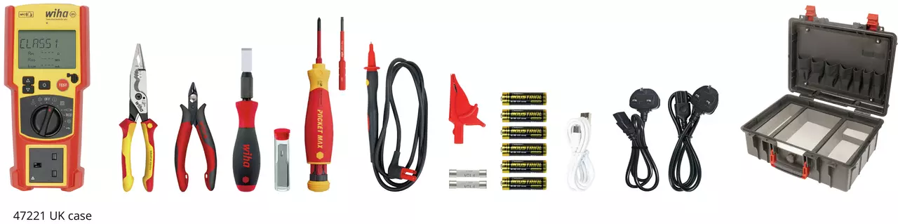 A set of tools including a multimeter, pliers, screwdrivers, cables, batteries, and a storage case.