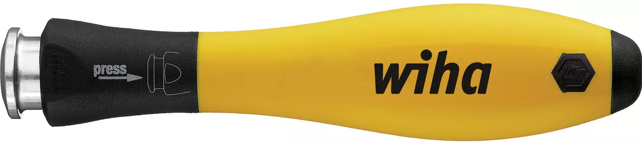 Yellow and black ergonomic screwdriver handle with "wiha" logo.