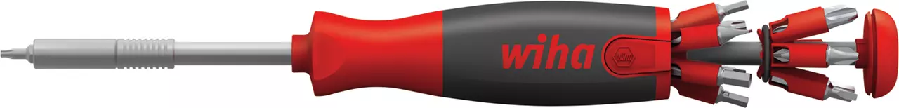 Red and black screwdriver with multiple bits stored in the handle
