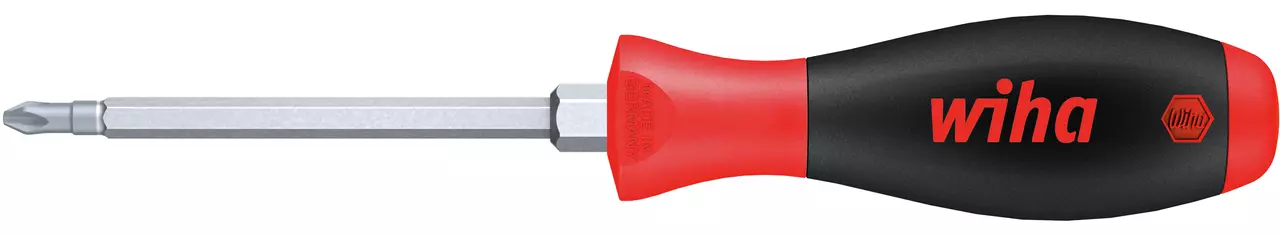 Screwdriver with black and red handle and hexagonal shaft.