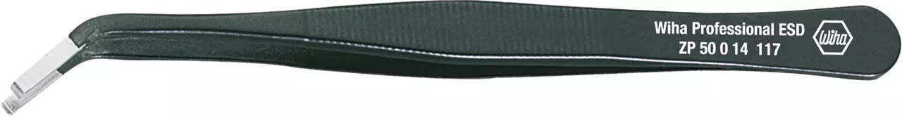 Black ESD precision tweezers with angled tips and printed text on the handle.