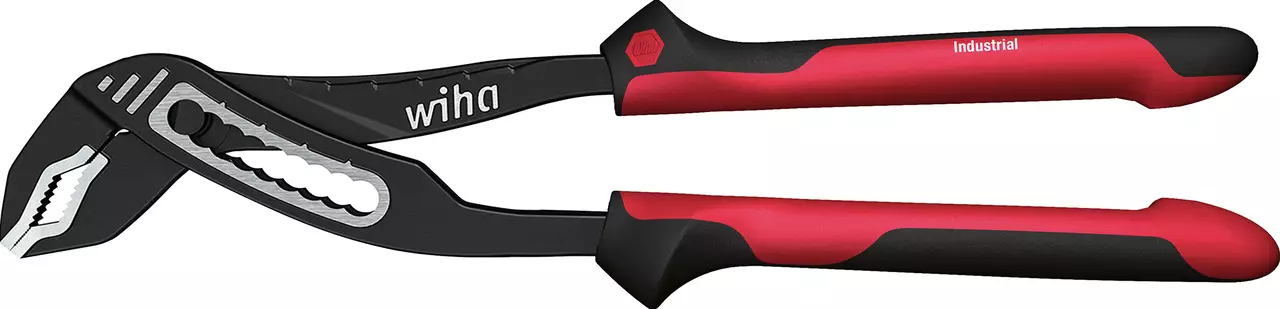 Water pump pliers with red and black handles, metal jaws