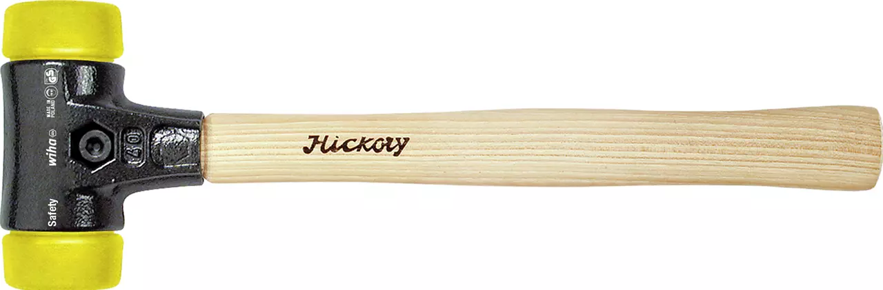 Rubber mallet with yellow heads and a wooden handle