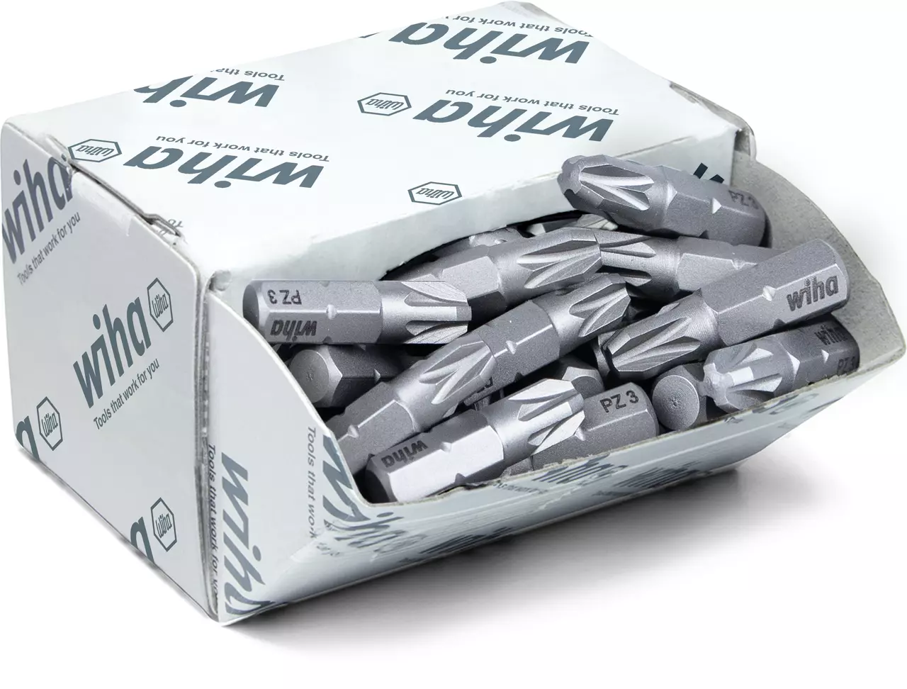 Box of gray screwdriver bits with "Wiha" logo visible.