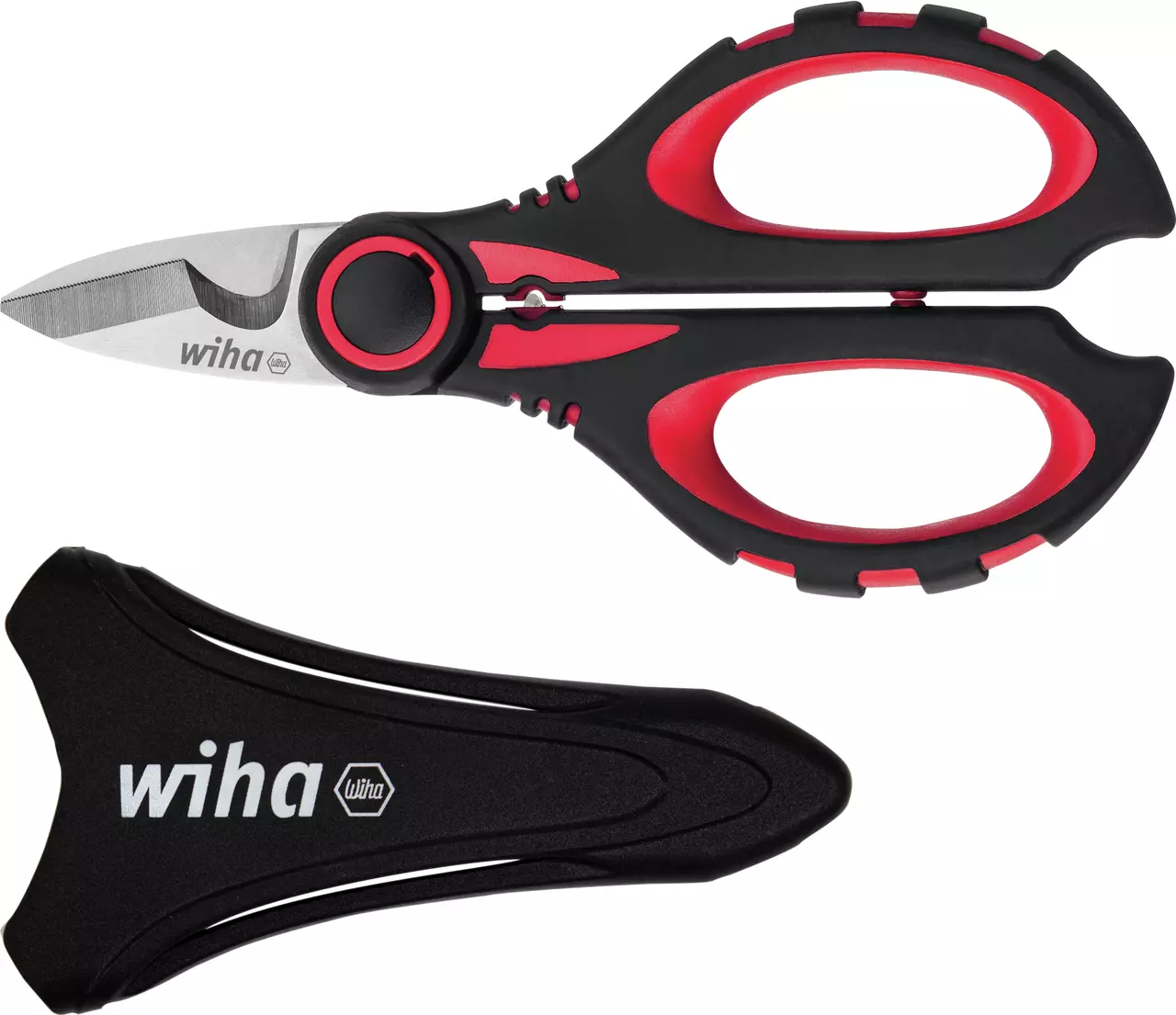 Electrician's scissors with red and black handles and a black sheath.