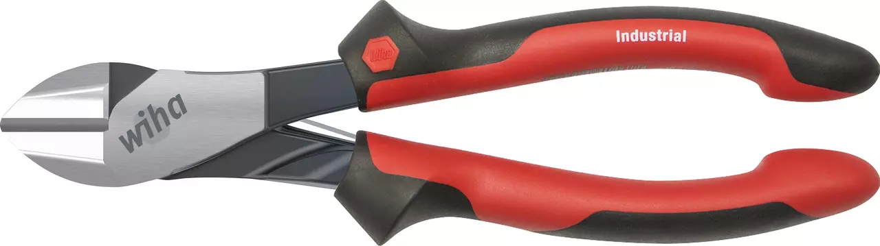 Red and black industrial diagonal cutter with metallic jaws and ergonomic handles.