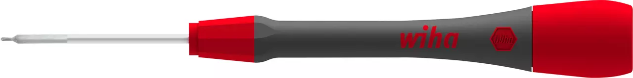 Precision screwdriver with a red and black handle, and a thin metal shaft.