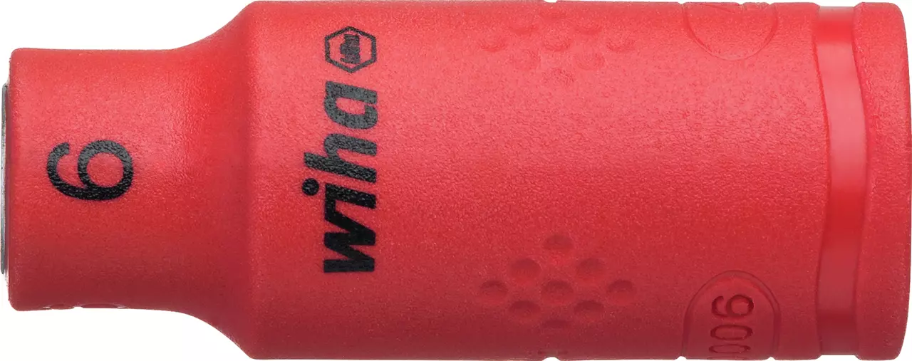 Red insulated socket wrench attachment with "6" marking.