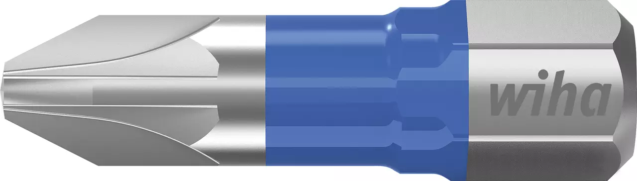 Silver and blue screwdriver bit with a Phillips head and brand logo.