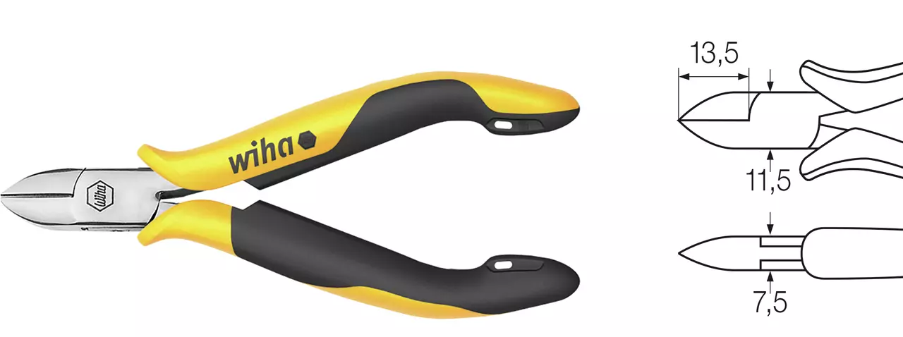 Yellow and black side cutter with technical drawing and measurements