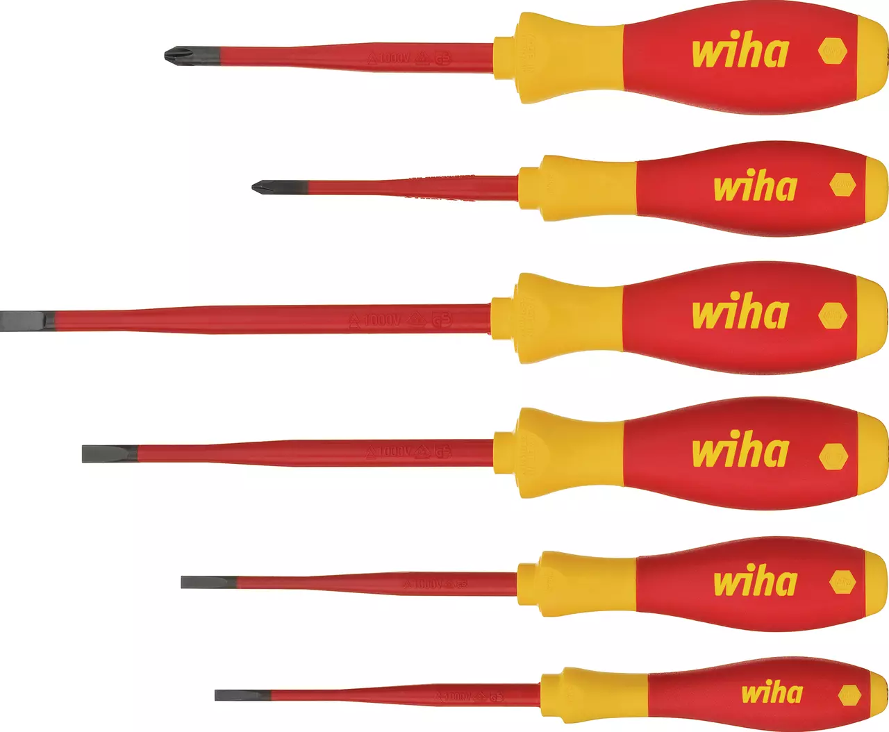 Set of insulated screwdrivers with red handles and yellow grips