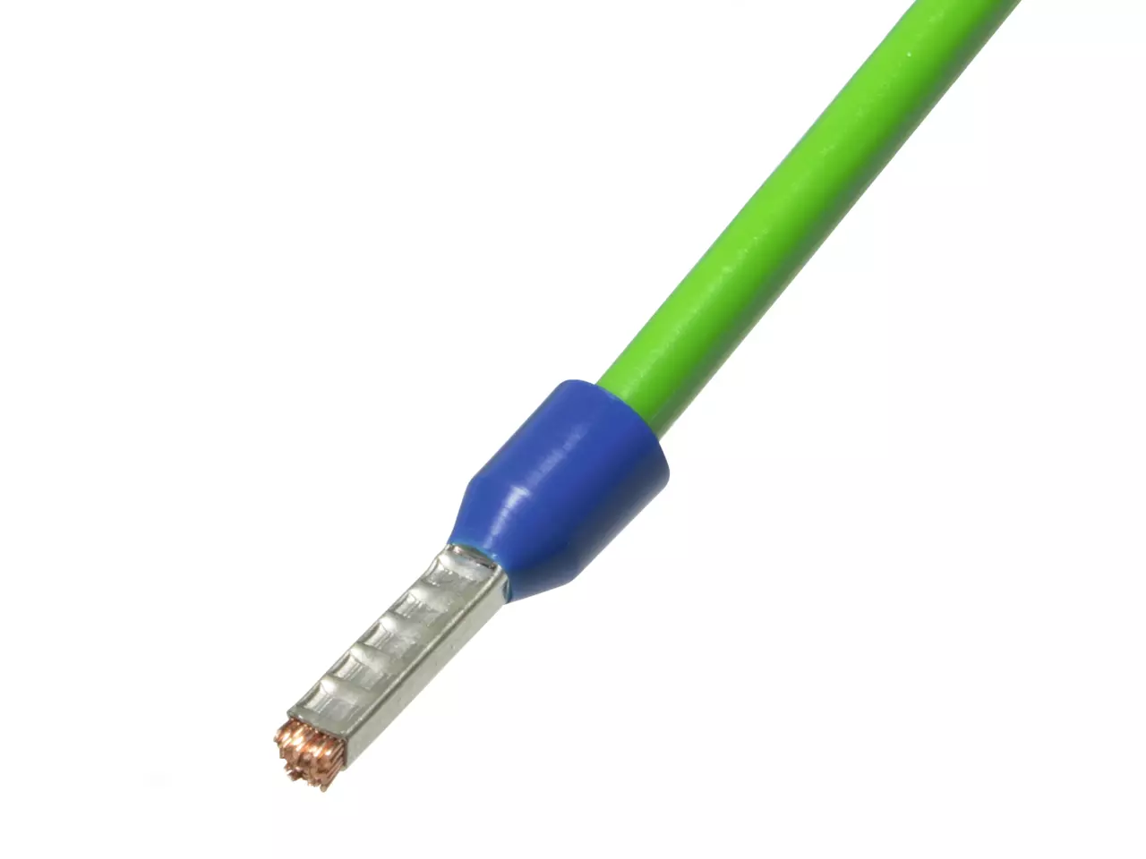 Green wire with blue crimp terminal and exposed copper strands.